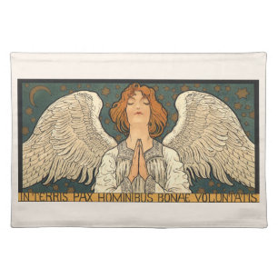 Vintage Religious Angel Praying with Gold Stars Cloth Placemat