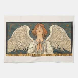 Vintage Religious Angel Praying with Gold Stars Kitchen Towel