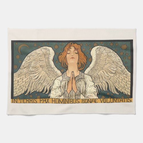 Vintage Religious Angel Praying with Gold Stars Kitchen Towel