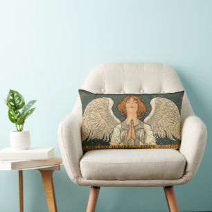 Vintage Religious Angel Praying with Gold Stars Lumbar Pillow