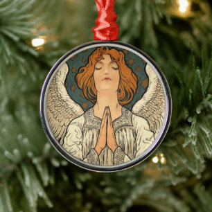 Vintage Religious Angel Praying with Gold Stars Metal Ornament