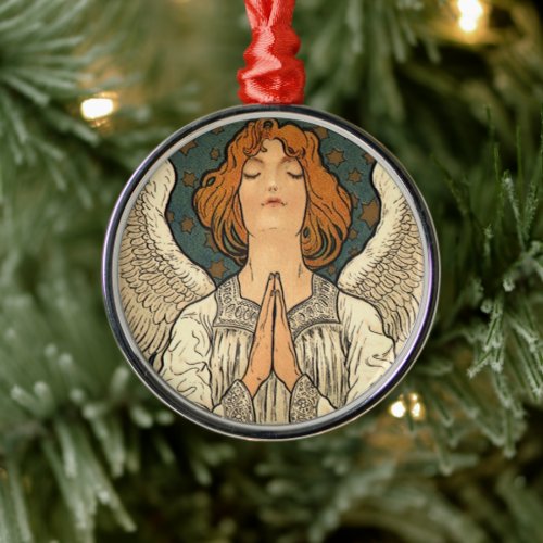 Vintage Religious Angel Praying with Gold Stars Metal Ornament