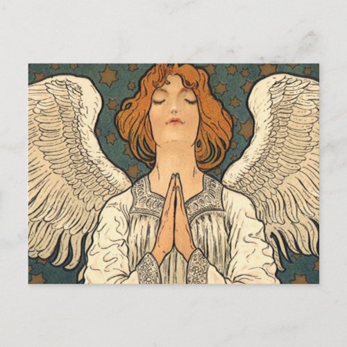 Vintage Religious Angel Praying with Gold Stars Postcard