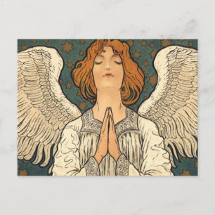 Vintage Religious Angel Praying with Gold Stars Postcard