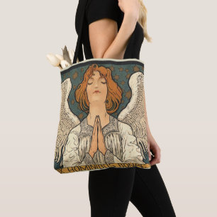 Vintage Religious Angel Praying with Gold Stars Tote Bag