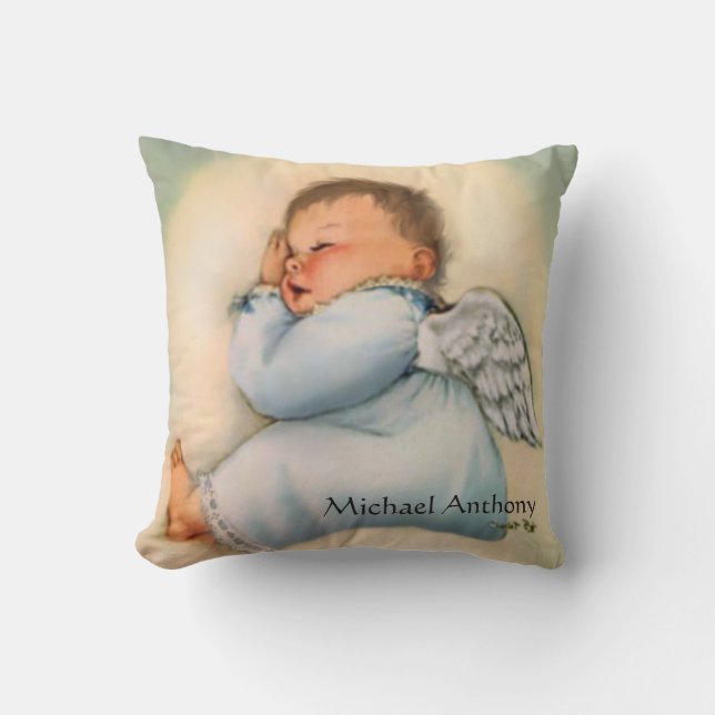 Vintage Religious Baby Boy Guardian Angel Throw Pillow (Front)