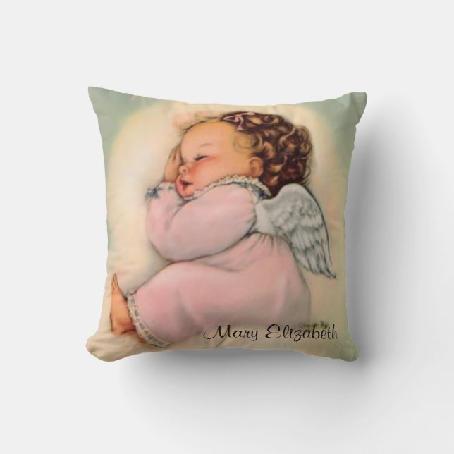 Vintage Religious Baby Girl Guardian Angel Throw Pillow (Front)