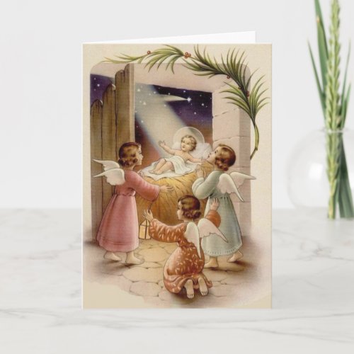 Vintage Religious Baby Jesus and Angels Christmas Card