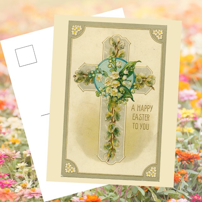 Vintage Religious Christian Easter Floral Cross Holiday Postcard (Vintage Retro Religious Christian Catholic Happy Easter Floral Cross Holiday Greetings Postcard)