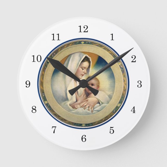 Vintage Religious Christmas, Madonna and Child Round Clock (Front)