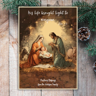 Vintage Religious Christmas Nativity Holly Family Holiday Card