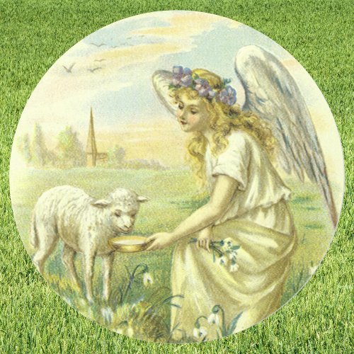 Vintage Religious Easter Victorian Angel with Lamb Classic Round Sticker