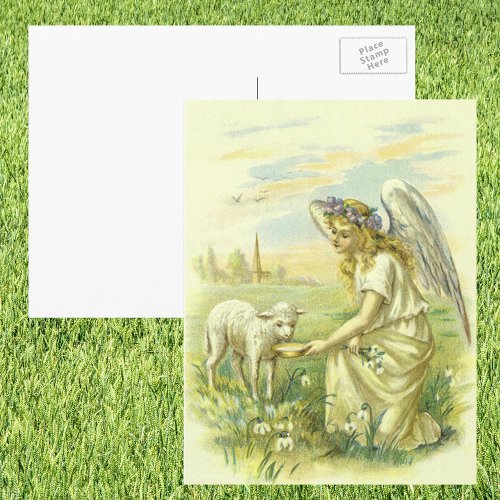 Vintage Religious Easter Victorian Angel with Lamb Holiday Postcard