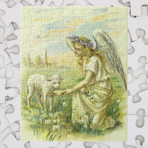 Vintage Religious Easter Victorian Angel with Lamb Jigsaw Puzzle