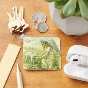 Vintage Religious Easter Victorian Angel with Lamb Keychain