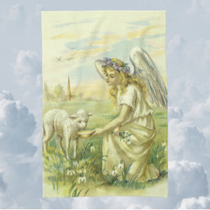 Vintage Religious Easter Victorian Angel with Lamb Kitchen Towel