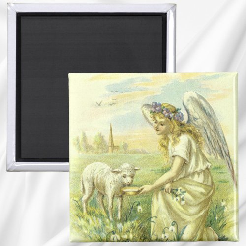 Vintage Religious Easter Victorian Angel with Lamb Magnet