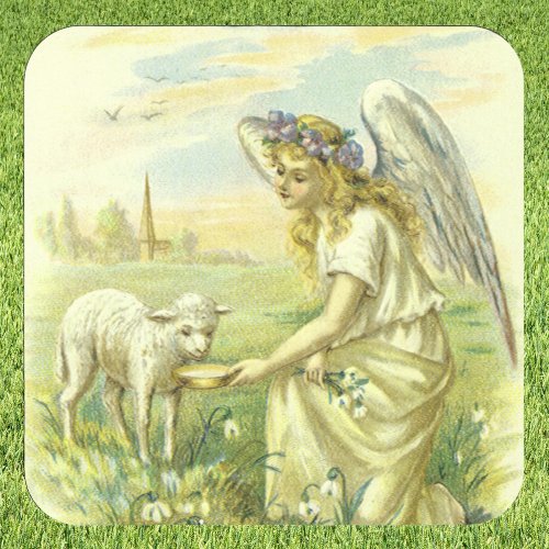 Vintage Religious Easter Victorian Angel with Lamb Square Sticker