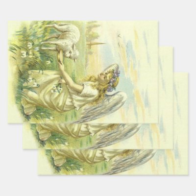 Vintage Religious Easter Victorian Angel with Lamb Wrapping Paper Sheets