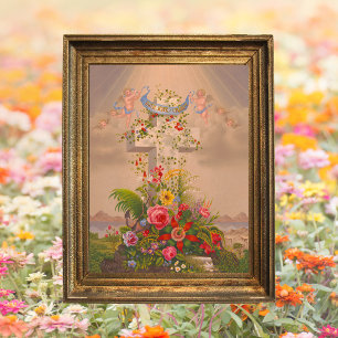 Vintage Religious Floral Cross He is risen Easter Poster