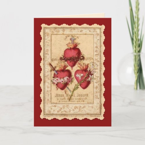Vintage Religious Hearts of Jesus Mary  Joseph  Card