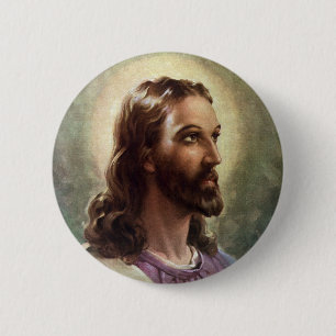 Vintage Religious, Jesus Christ Portrait with Halo Button