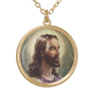 Vintage Religious, Jesus Christ Portrait with Halo Gold Plated Necklace