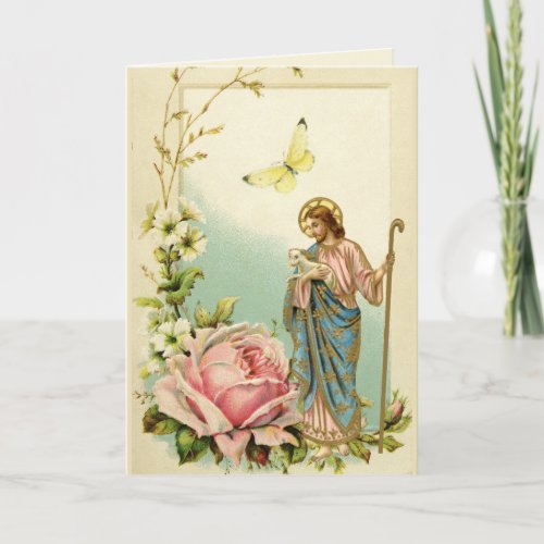 Vintage Religious Jesus Good Shepherd Floral Card