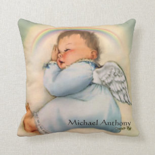 Vintage Religious Rainbow Baby Boy Guardian Angel Throw Pillow