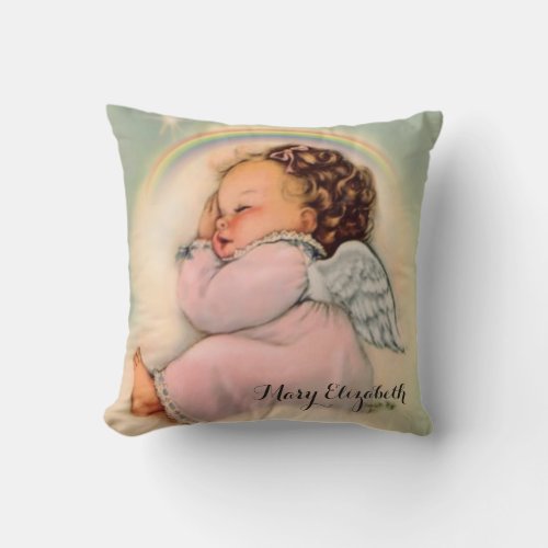 Vintage Religious Rainbow Baby Girl Guardian Angel Throw Pillow