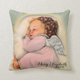 Vintage Religious Rainbow Baby Girl Guardian Angel Throw Pillow