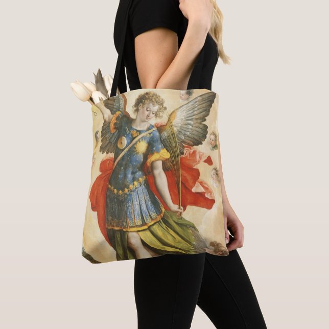 Vintage Religious, Saint Michael Defeats Lucifer Tote Bag (Close Up)