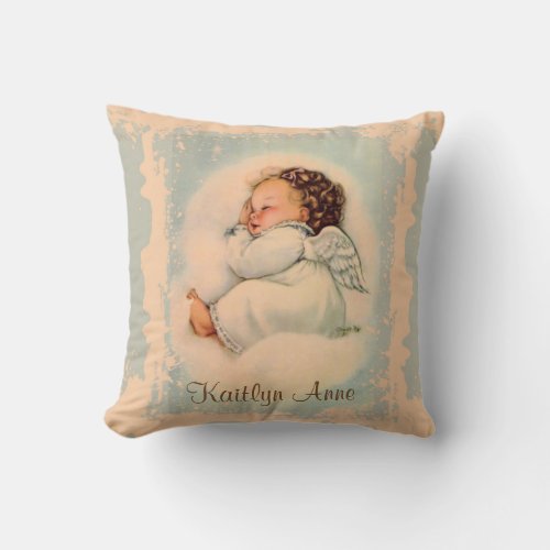 Vintage Religious Sleeping Baby Guardian Angel Throw Pillow