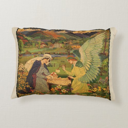 Vintage Religious Tapestry with Baby Jesus Christ Accent Pillow