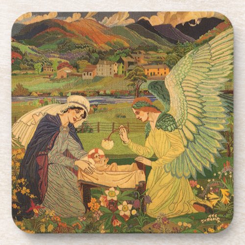 Vintage Religious Tapestry with Baby Jesus Christ Beverage Coaster