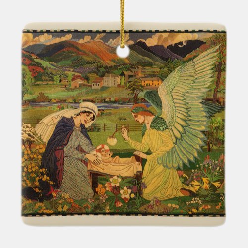 Vintage Religious Tapestry with Baby Jesus Christ Ceramic Ornament