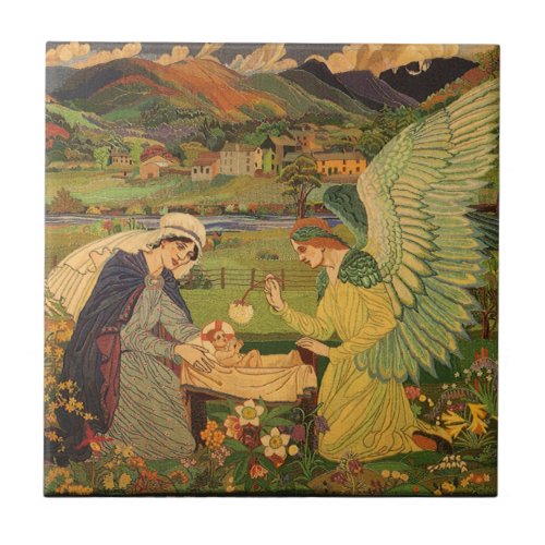 Vintage Religious Tapestry with Baby Jesus Christ Ceramic Tile