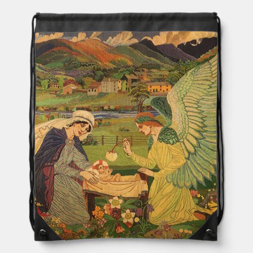 Vintage Religious Tapestry with Baby Jesus Christ Drawstring Bag