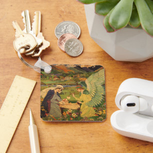 Vintage Religious Tapestry with Baby Jesus Christ Keychain