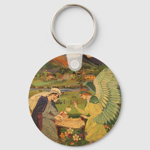 Vintage Religious Tapestry with Baby Jesus Christ Keychain