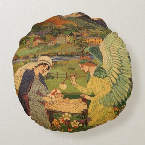 Vintage Religious Tapestry with Baby Jesus Christ Round Pillow