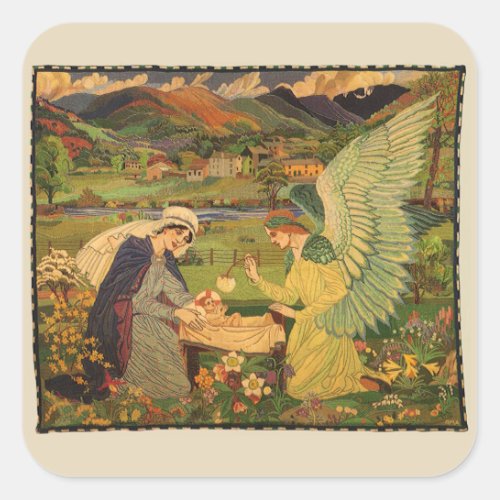 Vintage Religious Tapestry with Baby Jesus Christ Square Sticker