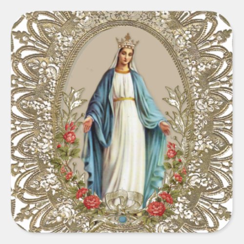Vintage Religious Virgin Mary Floral Gold Catholic Square Sticker