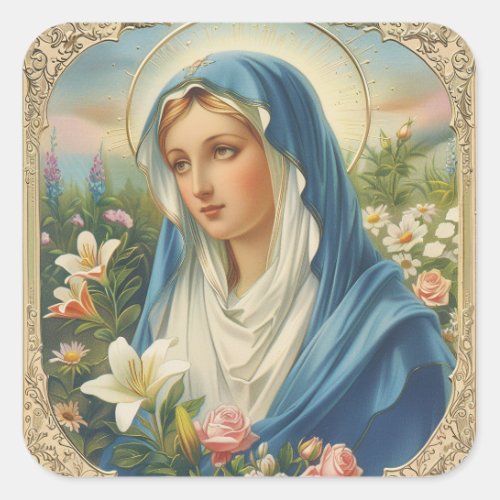 Vintage Religious Virgin Mary Floral Gold Catholic Square Sticker