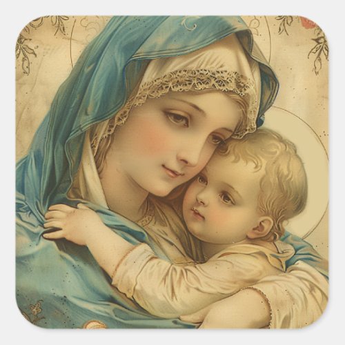 Vintage Religious Virgin Mary Floral Gold Catholic Square Sticker