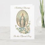 Vintage Religious Virgin Mary Happy Birthday Card<br><div class="desc">This is a beautiful vintage Catholic customized image of the Blessed Virgin Mary, Our Lady of Grace with white flowers, blue ribbon wrapped around spring eggs.The French words above the Blessed Virgin read "O Mary conceived without sin, pray for us who have recourse to thee." All text and fonts may...</div>