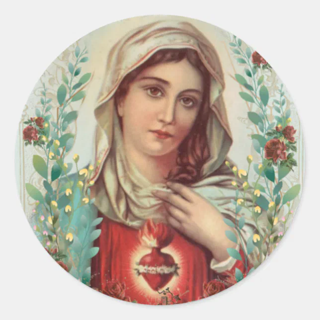 Vintage Religious Virgin Mary Immaculate Heart - Classic Round Sticker ...