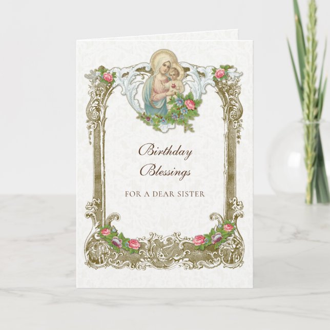 Vintage Religious Virgin Mary Jesus Birthday Card (Front)