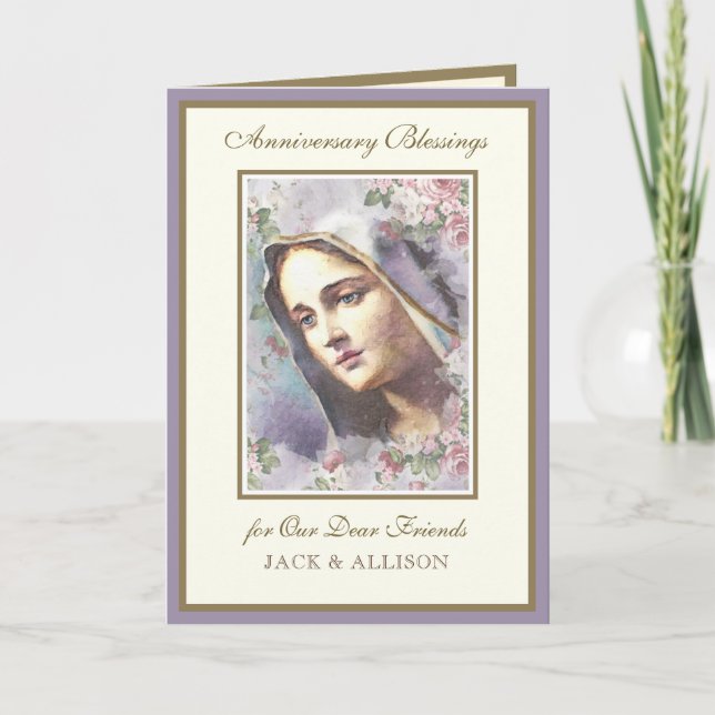 Vintage Religious Virgin Mary Roses Anniversary Card (Front)