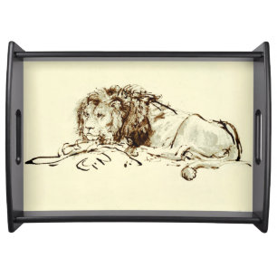 Vintage Rembrandt Ink Sketch of a Lion Serving Tray